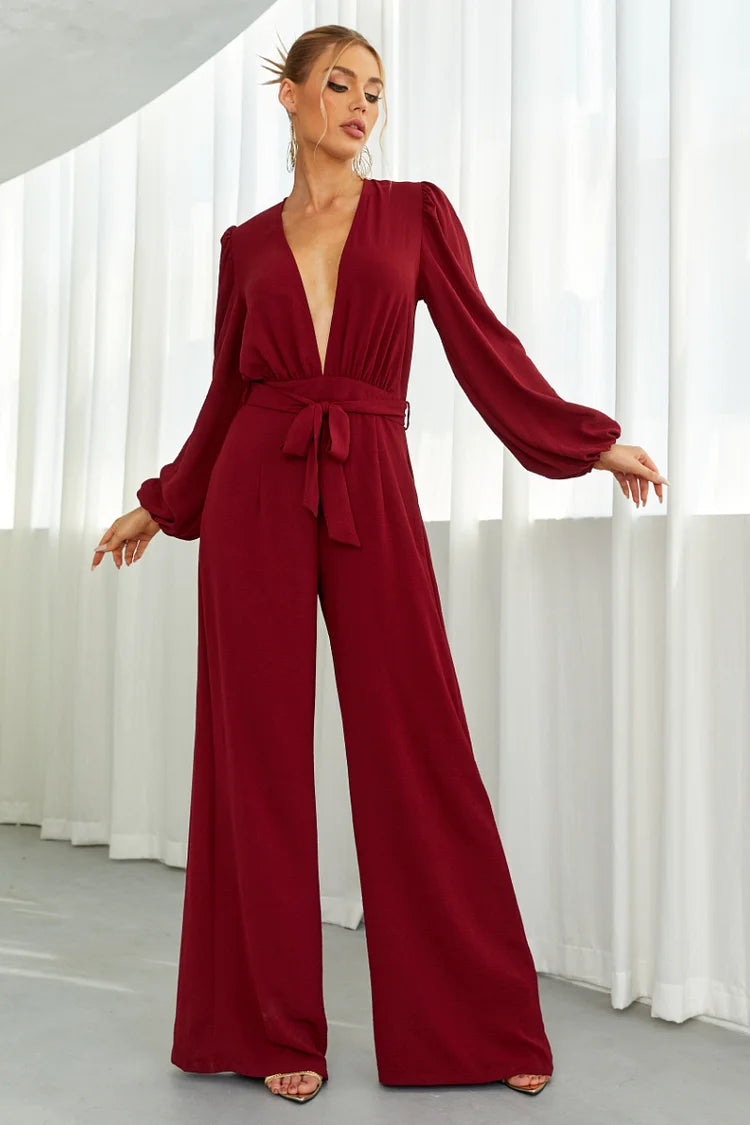 Cassia™ | Deep V Neck Backless Wide Leg Jumpsuit