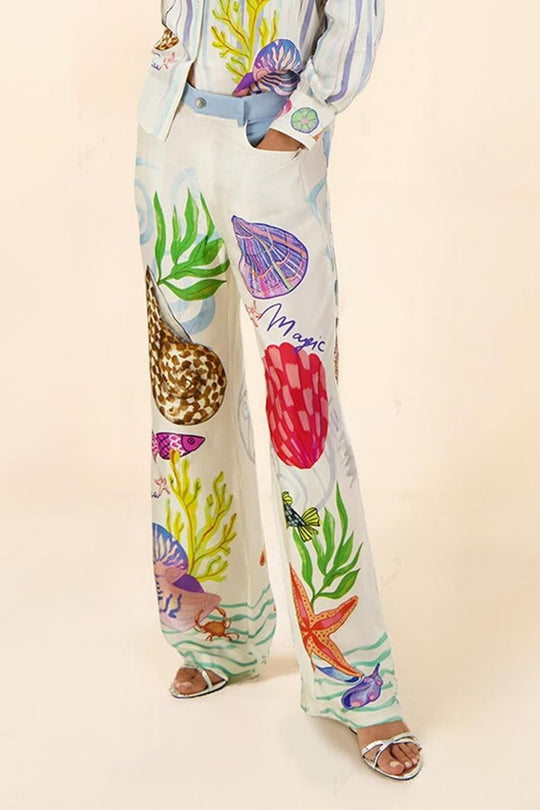 Ocean Theme Print Pants-Set