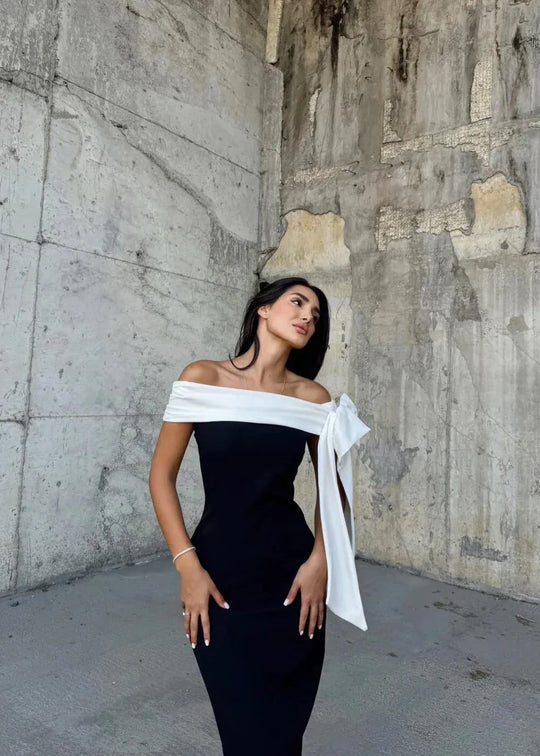 Lyriel™ | One-Shoulder Bow Tie Slit Midi Dress