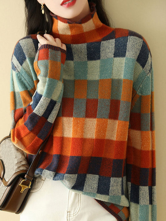 Caroline - Loose Turtleneck Plaid Knitted Jumper