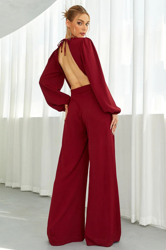 Cassia™ | Deep V Neck Backless Wide Leg Jumpsuit