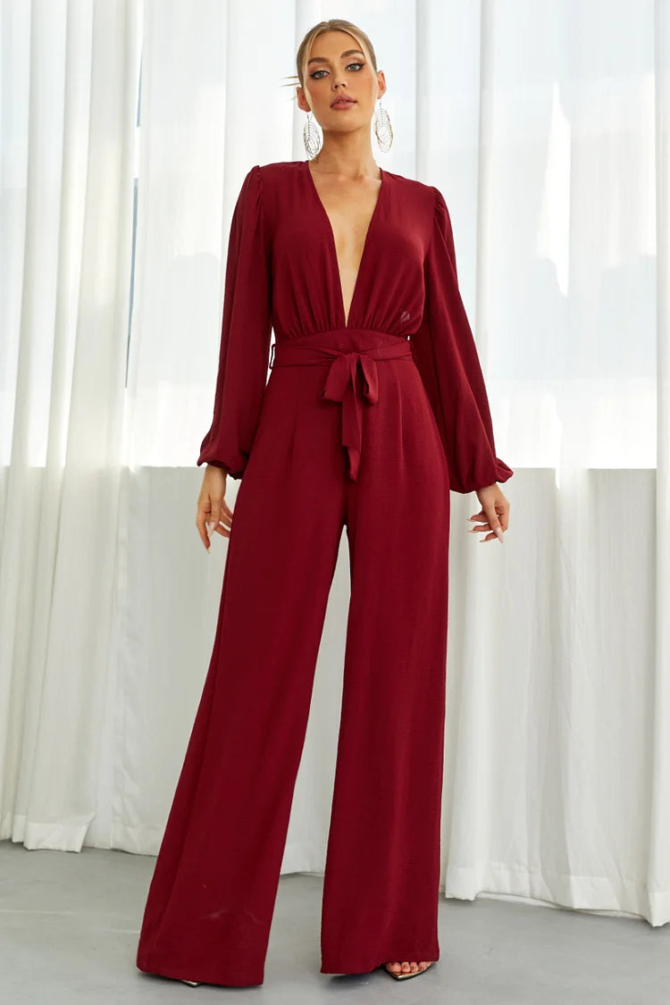 Cassia™ | Deep V Neck Backless Wide Leg Jumpsuit