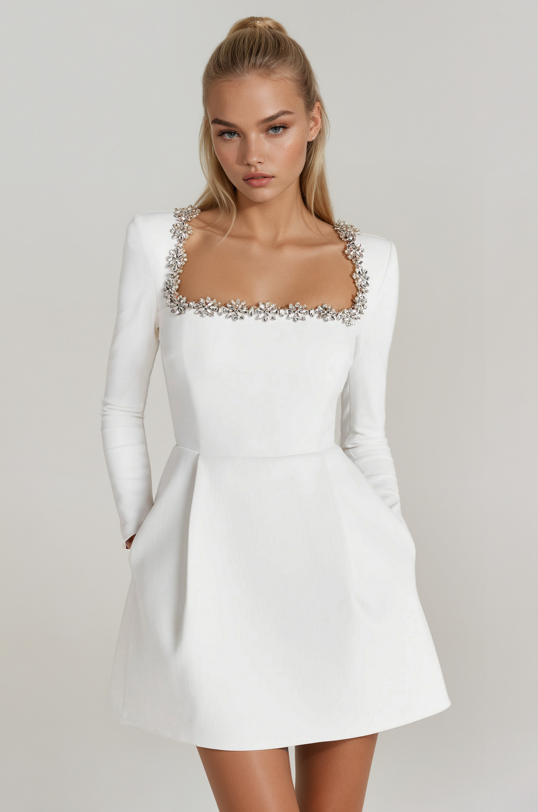 Tazari™ | Embellished Neck Detail Mini Dress