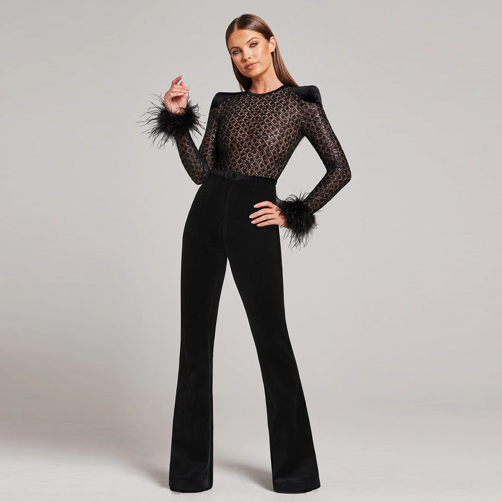 Lenira™ | Fur Sleeves Lace Slim Fit Jumpsuit