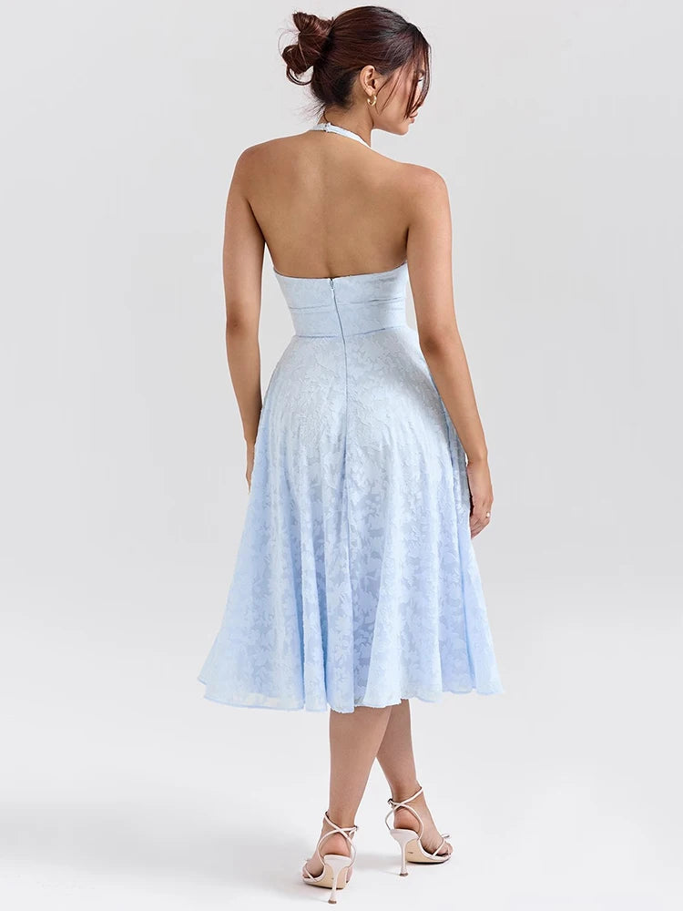 Amaya™ | Blue Halter Lace Midi Dress