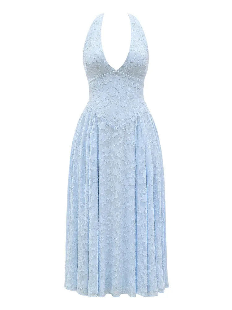 Amaya™ | Blue Halter Lace Midi Dress