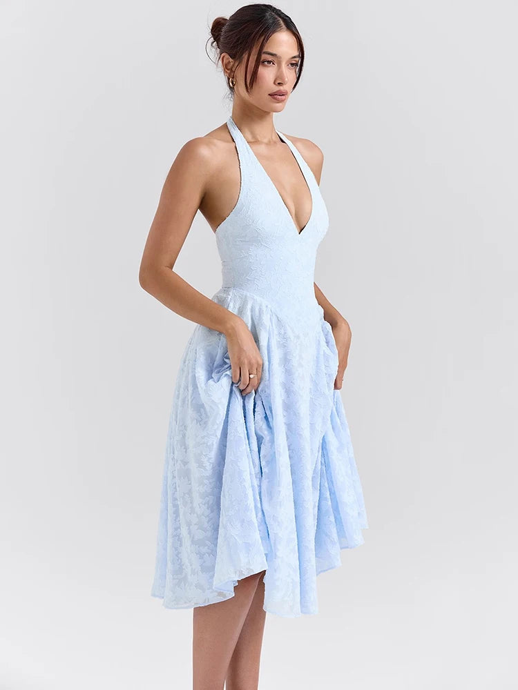 Amaya™ | Blue Halter Lace Midi Dress