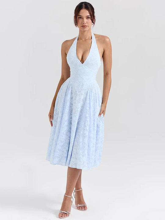 Amaya™ | Blue Halter Lace Midi Dress