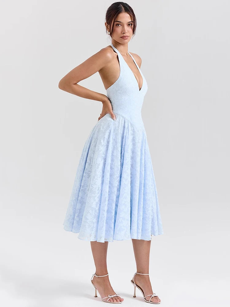 Amaya™ | Blue Halter Lace Midi Dress