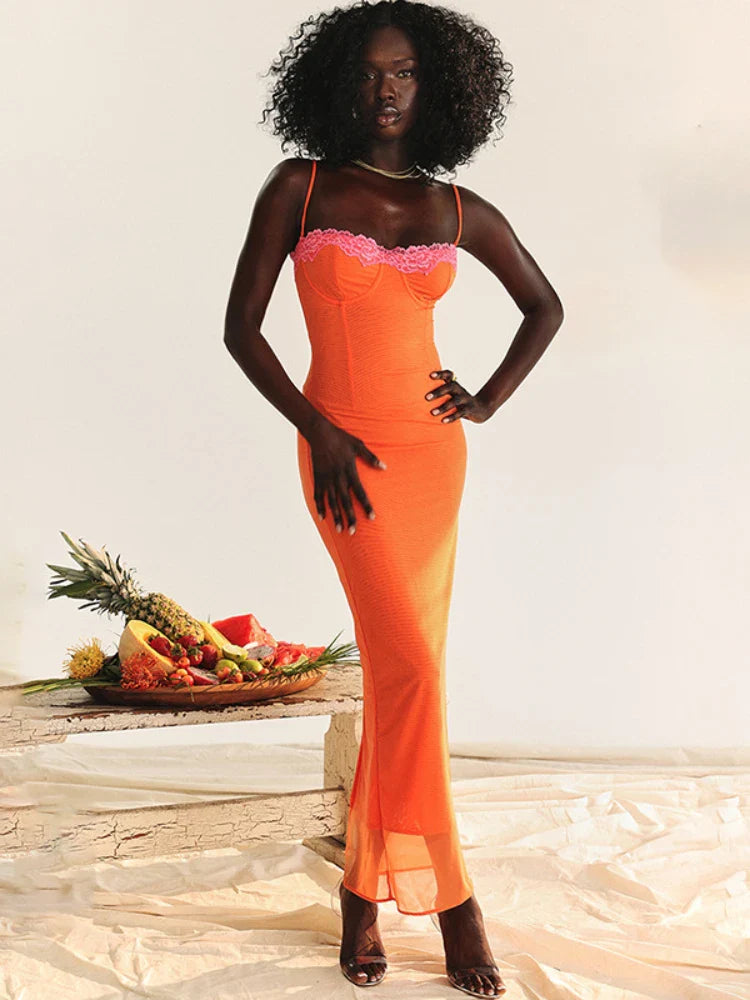 Cherley™ | Orange Lace Maxi Dress