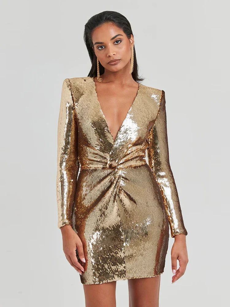 Carysse - Sequins Long Sleeves Fold Mini Dress