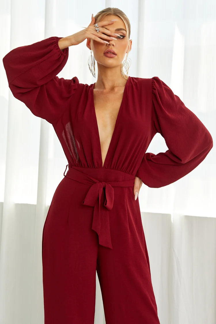 Cassia™ | Deep V Neck Backless Wide Leg Jumpsuit