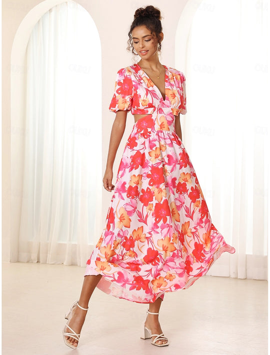 Azalea™ | Floral Puff Sleeve Summer Midi Dress