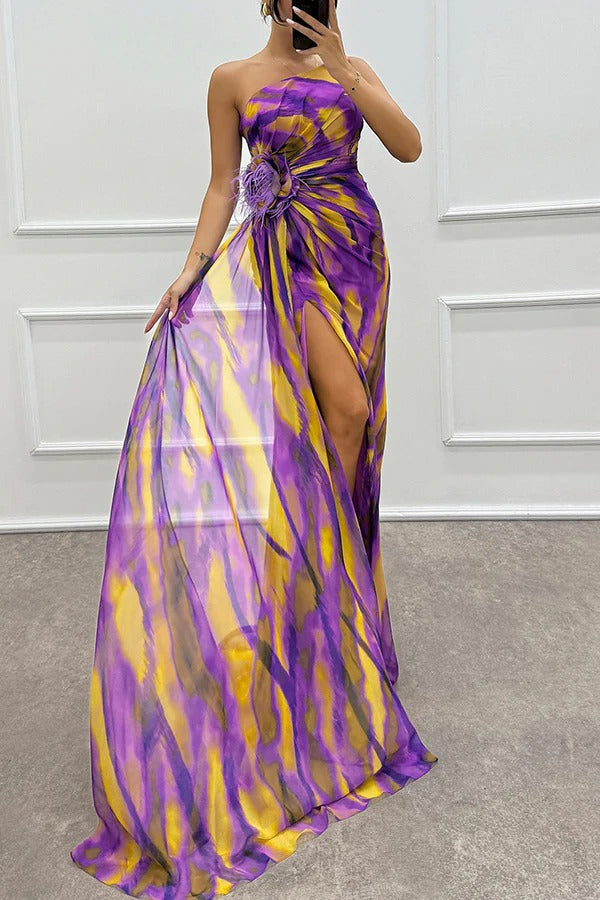 Illyra™ | Off-Shoulder Slit Printed Maxi Dress